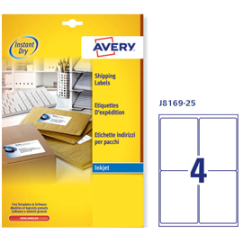 Etichetta adesiva J8169 bianca 25fg A4 99,1x139mm (4et/fg) inkjet Avery