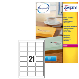 Poliestere adesivo L7560 trasparente 25fg A4 63,5x38,1mm (21et/fg) laser Avery