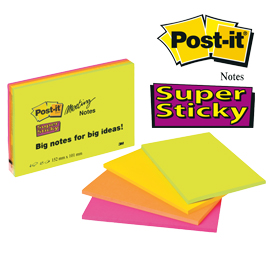 BLOCCO 45foglietti Post-it®Super Sticky 101x152mm MEETING NOTE NEON 6445-4SS