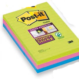 BLOCCO 90foglietti Post-it®Super Sticky RIGHE 101x152mm 660-3SSUC COLORI ULTRA